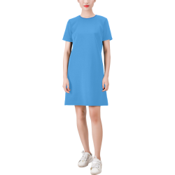 Waterfall Blue Solid Short-Sleeve Round Neck A-Line Dress (Model D47)