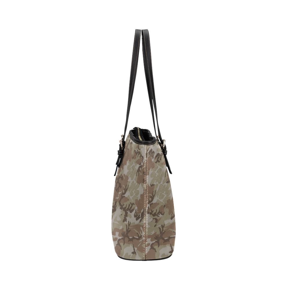 Woodland Desert Brown Camouflage Leather Tote Bag/Large (Model 1651)