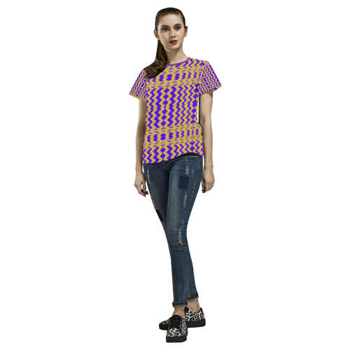 Purple Yellow Modern  Waves Lines All Over Print T-shirt for Women/Large Size (USA Size) (Model T40)