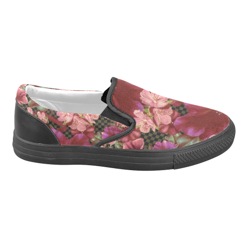 Pink Roses on Checkerboard Design By Me by Doris Clay-Kersey Men's Unusual Slip-on Canvas Shoes (Model 019)
