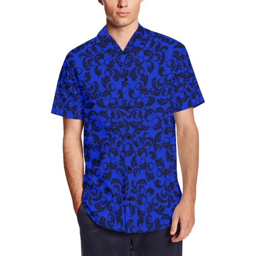Luciferian Devil Blue Leaf Pattern Satin Dress Shirt Men's Short Sleeve Shirt with Lapel Collar (Model T54)