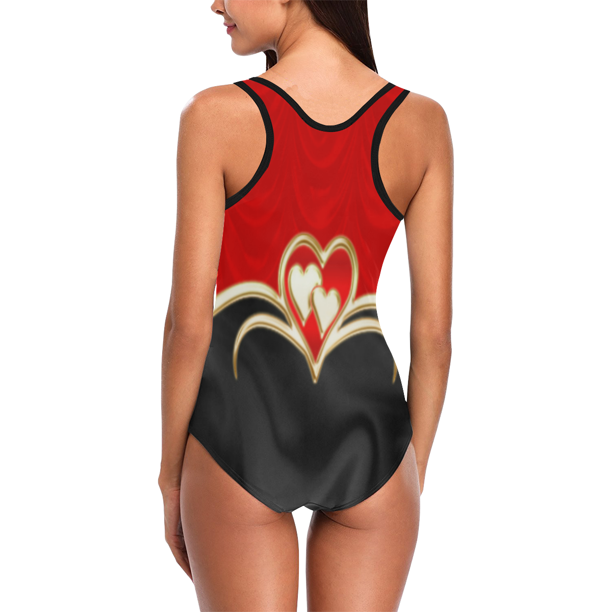 Elegant Red Black Love Vest One Piece Swimsuit (Model S04)
