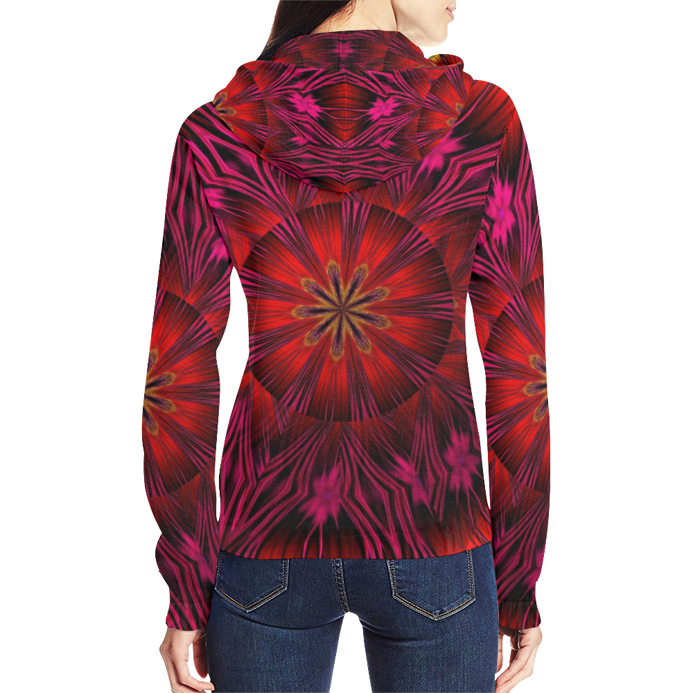 Sunset Solar Flares Fractal Mandala Abstract All Over Print Full Zip Hoodie for Women (Model H14)