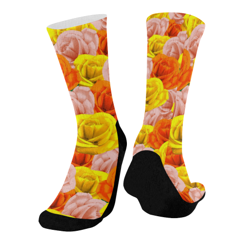 Roses Pastel Colors Floral Collage Mid-Calf Socks (Black Sole)