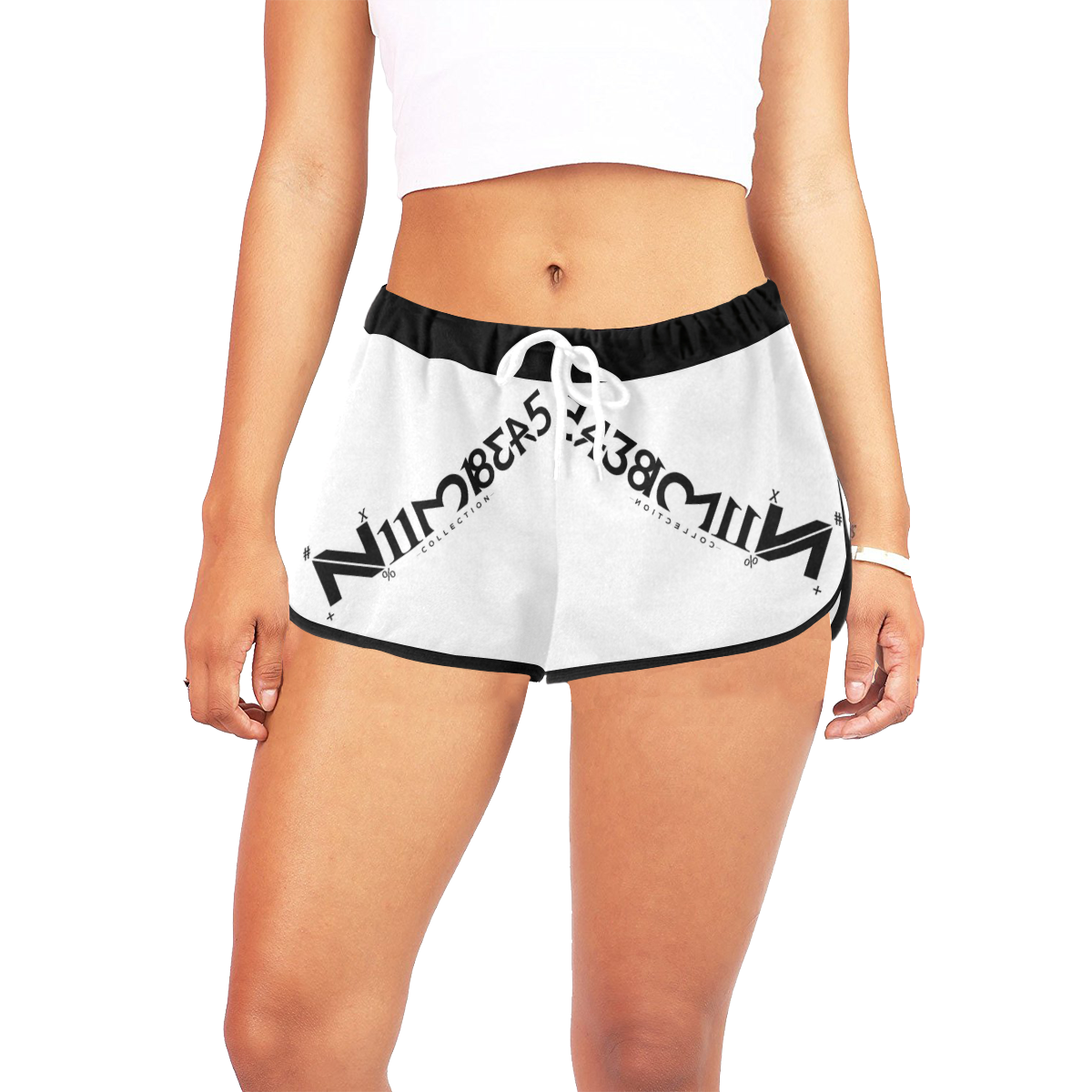 NUMBERS Collection LOGO White/Black Women's All Over Print Relaxed Shorts (Model L19)