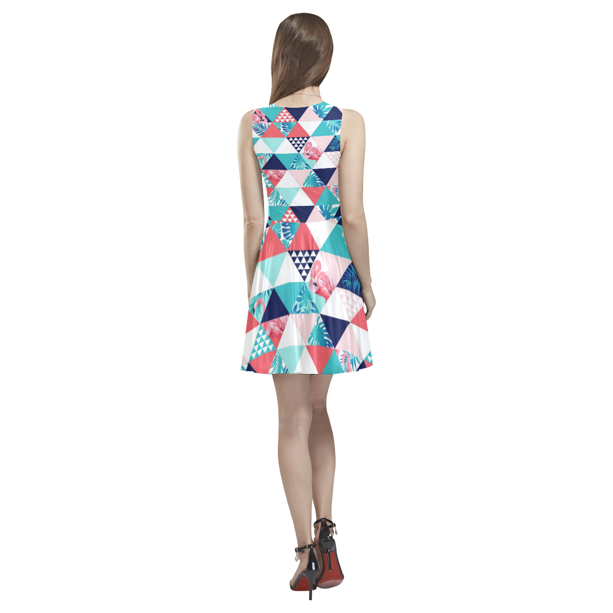 Flamingo Triangle Pattern Thea Sleeveless Skater Dress(Model D19)