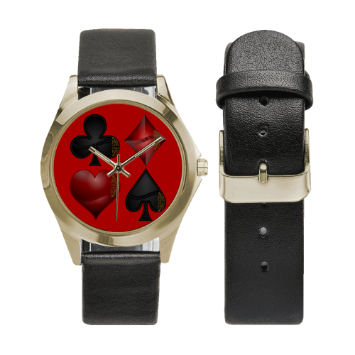 Las Vegas Black and Red Casino Poker Card Shapes (Red) Unisex Silver-Tone Round Leather Watch (Model 216)