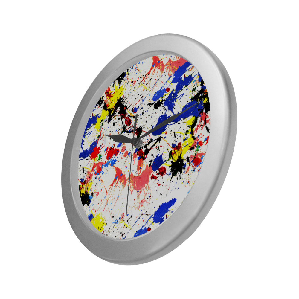 Blue and Red Paint Splatter Silver Color Wall Clock