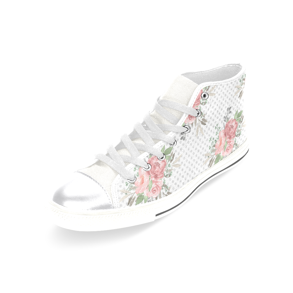 Pink Green Flowers Shoes, Rose Women's Classic High Top Canvas Shoes (Model 017)
