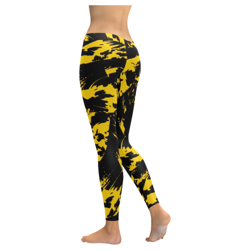 Black and Yellow Paint Splatter Women's Low Rise Leggings (Invisible Stitch) (Model L05)