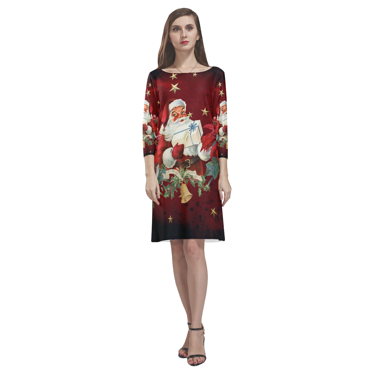 Santa Claus with gifts, vintage Rhea Loose Round Neck Dress(Model D22)