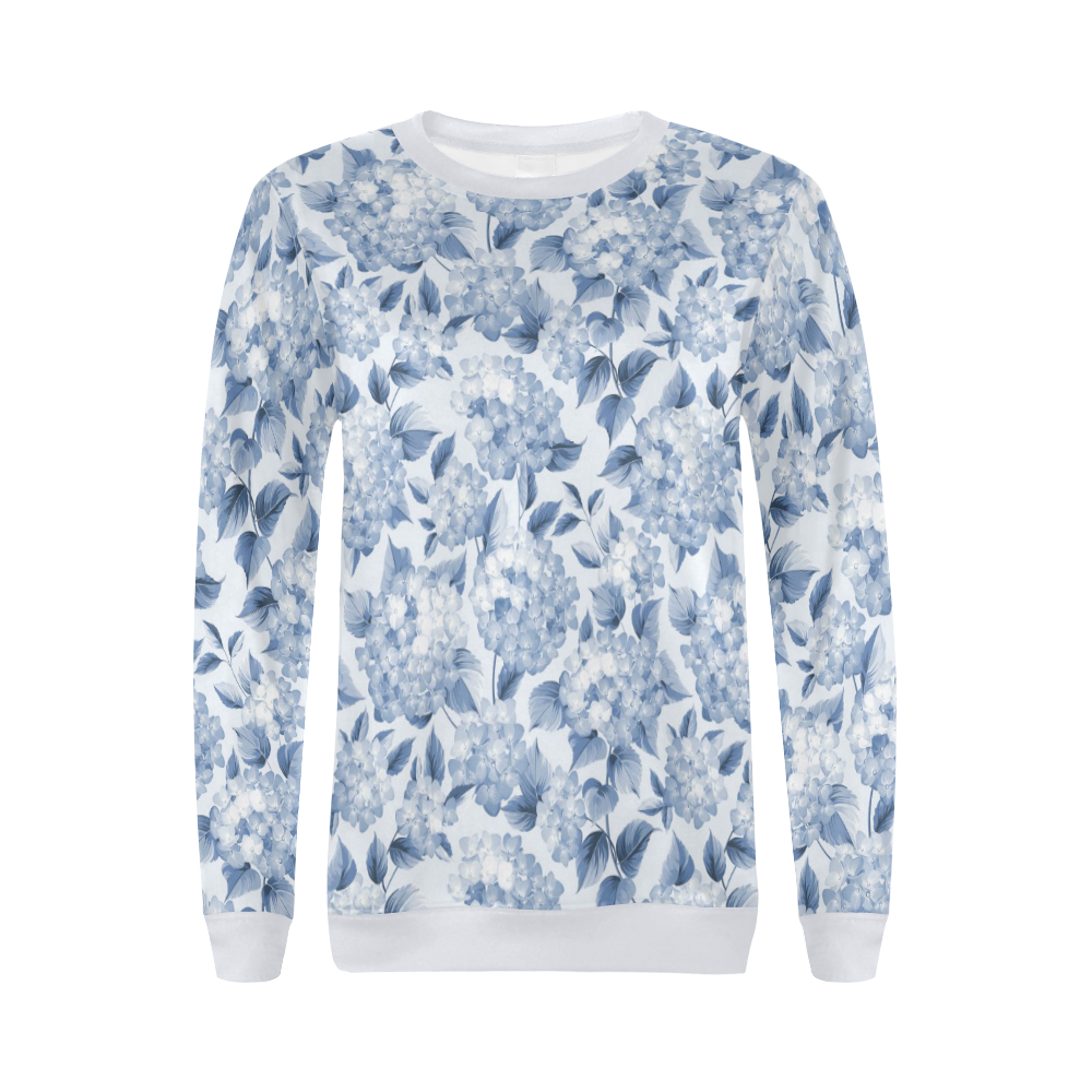 Blue and White Floral Pattern All Over Print Crewneck Sweatshirt for Women (Model H18)