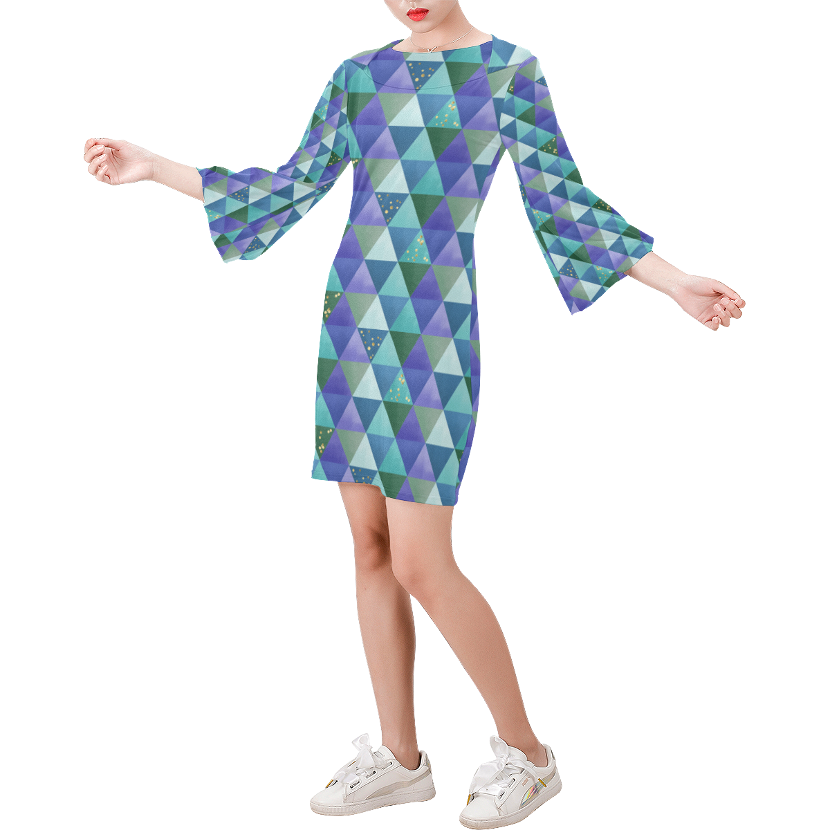 Triangle Pattern - Blue Violet Teal Green Bell Sleeve Dress (Model D52)