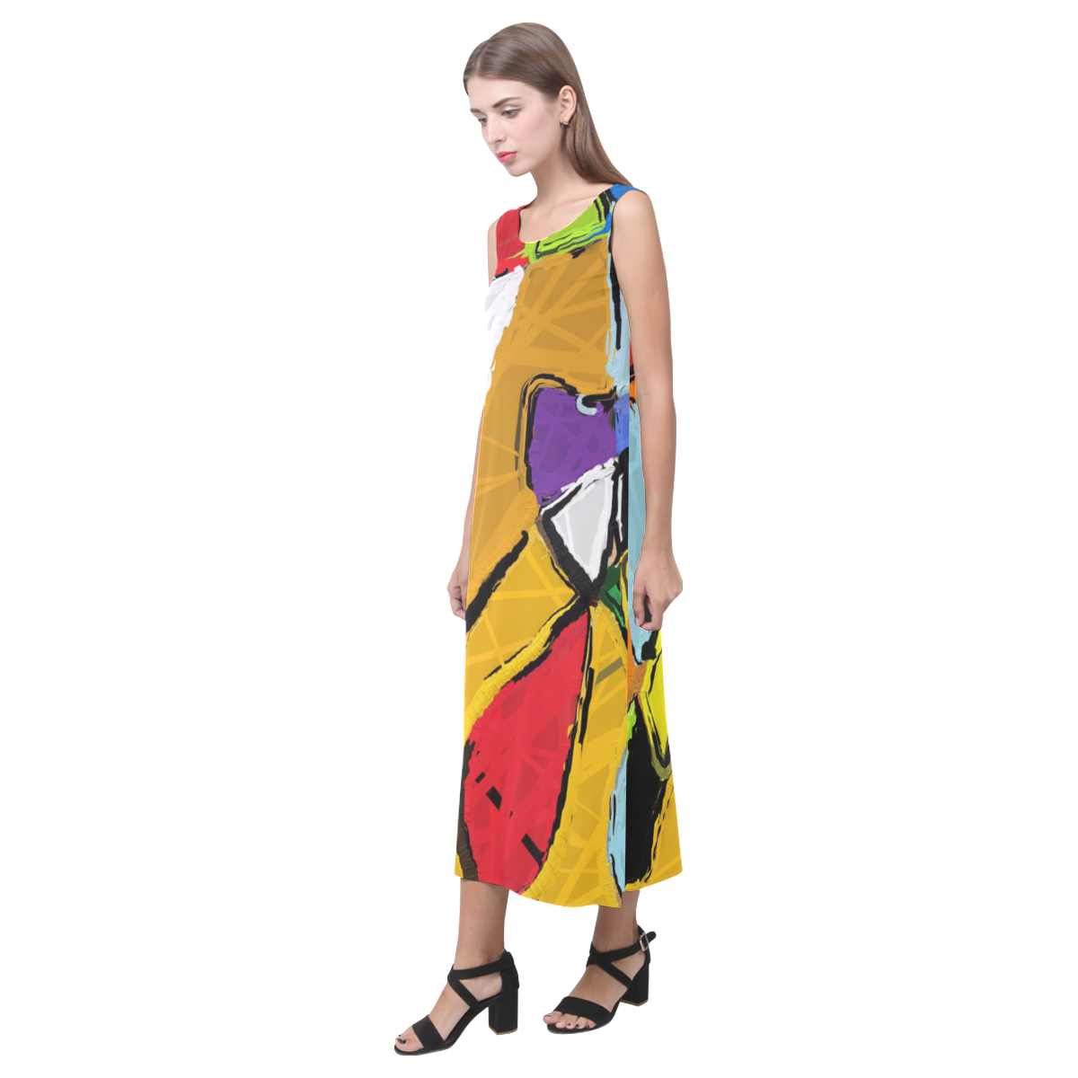 Yellow Abstract Art Phaedra Sleeveless Open Fork Long Dress (Model D08)