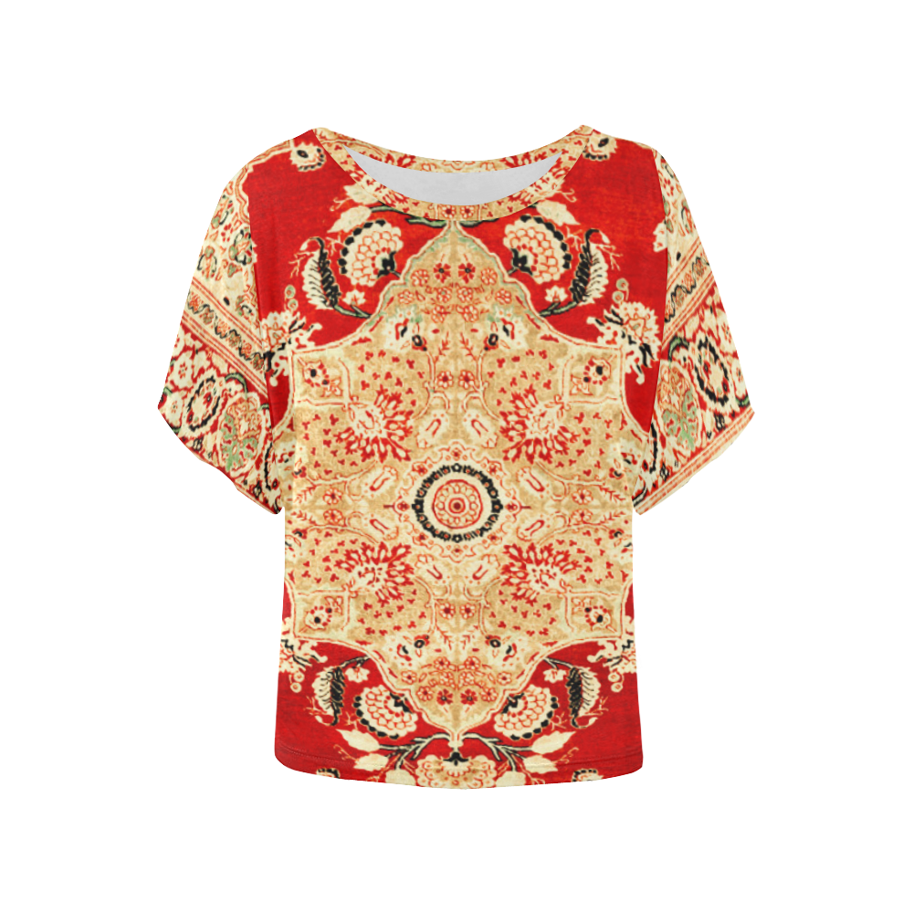 Persian Carpet Hadji Jallili Tabriz Red Gold Women's Batwing-Sleeved Blouse T shirt (Model T44)