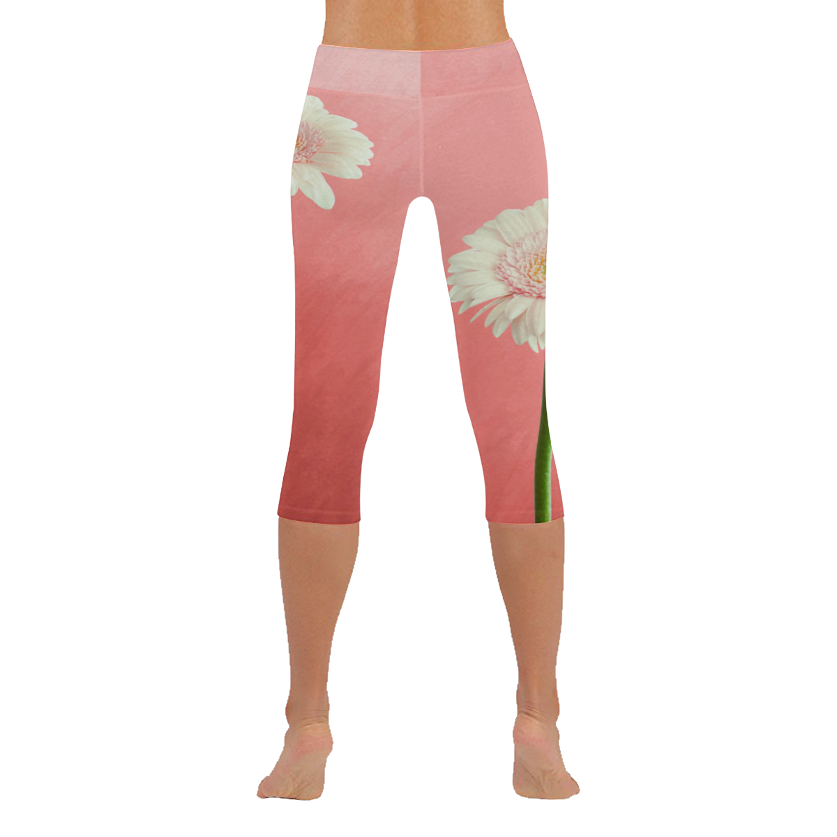 Gerbera Daisy - White Flower on Coral Pink Women's Low Rise Capri Leggings (Invisible Stitch) (Model L08)
