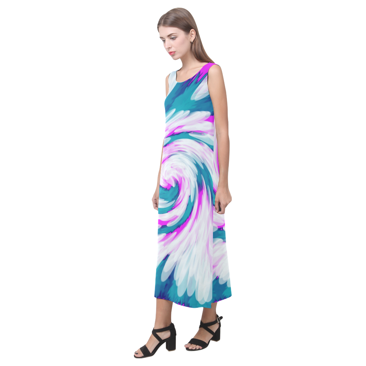 Turquoise Pink Tie Dye Swirl Abstract Phaedra Sleeveless Open Fork Long Dress (Model D08)