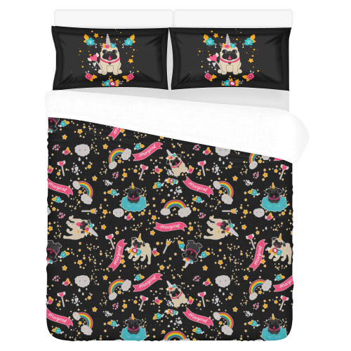 Pug Unicorns on Black 3-Piece Bedding Set