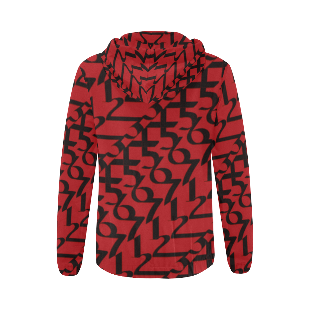 NUMBERS Collection 1234567 Red/Black All Over Print Full Zip Hoodie for Women (Model H14)