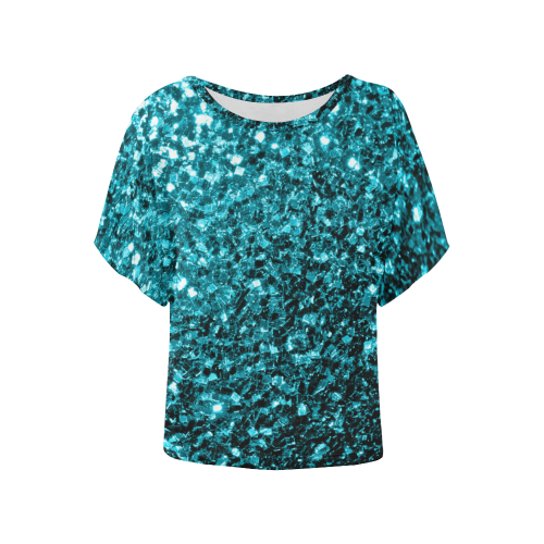Beautiful Aqua blue glitter sparkles Women's Batwing-Sleeved Blouse T shirt (Model T44)