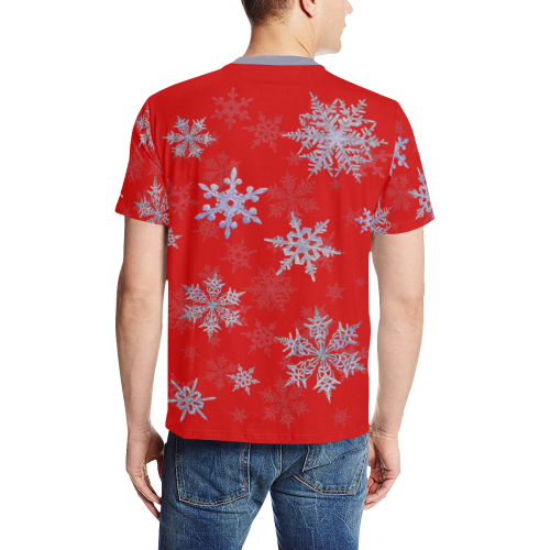 Snowflakes Blue Purple on red Men's All Over Print T-Shirt (Solid Color Neck) (Model T63)
