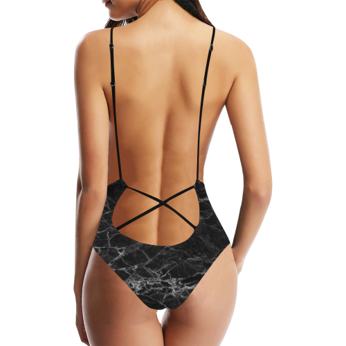 Marble Black Pattern Sexy Lacing Backless One-Piece Swimsuit (Model S10)