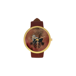 Awesome black and white wolf Women's Golden Leather Strap Watch(Model 212)