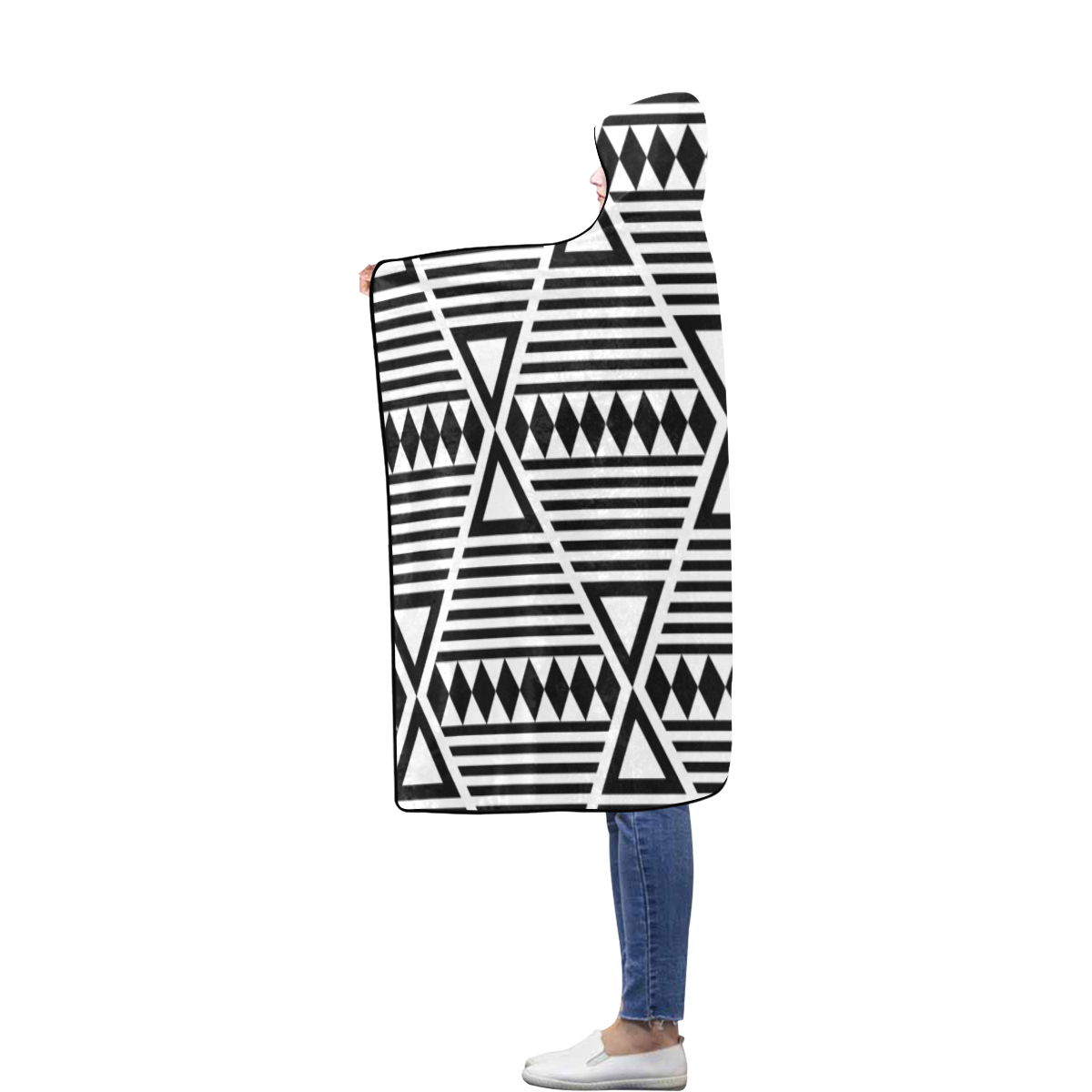 Black Aztec Tribal Flannel Hooded Blanket 56''x80''