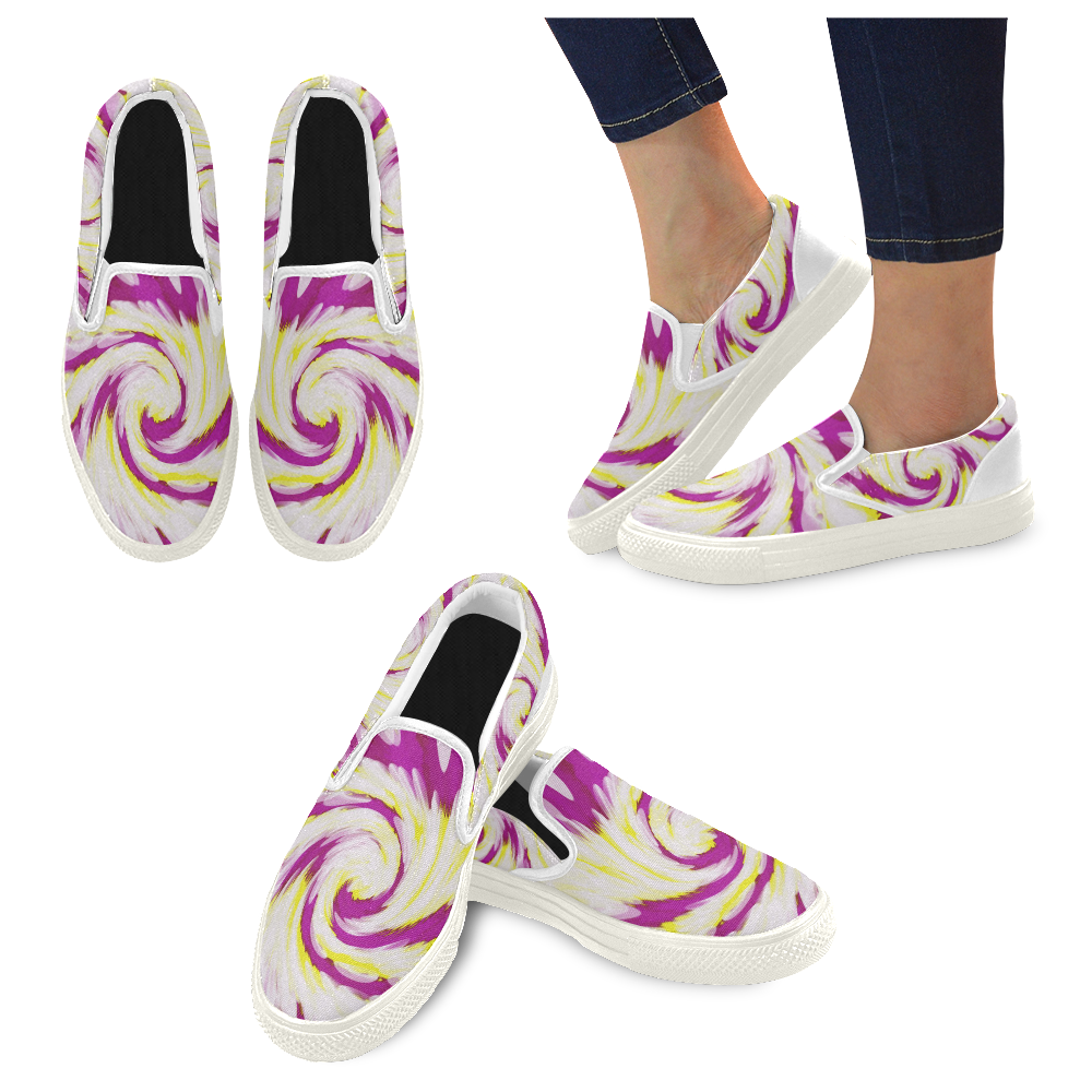 Pink Yellow Tie Dye Swirl Abstract Slip-on Canvas Shoes for Kid (Model 019)