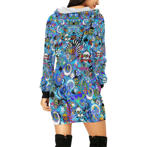 Blue Sugar Skull Skeleton Print All Over Print Hoodie Mini Dress (Model H27)