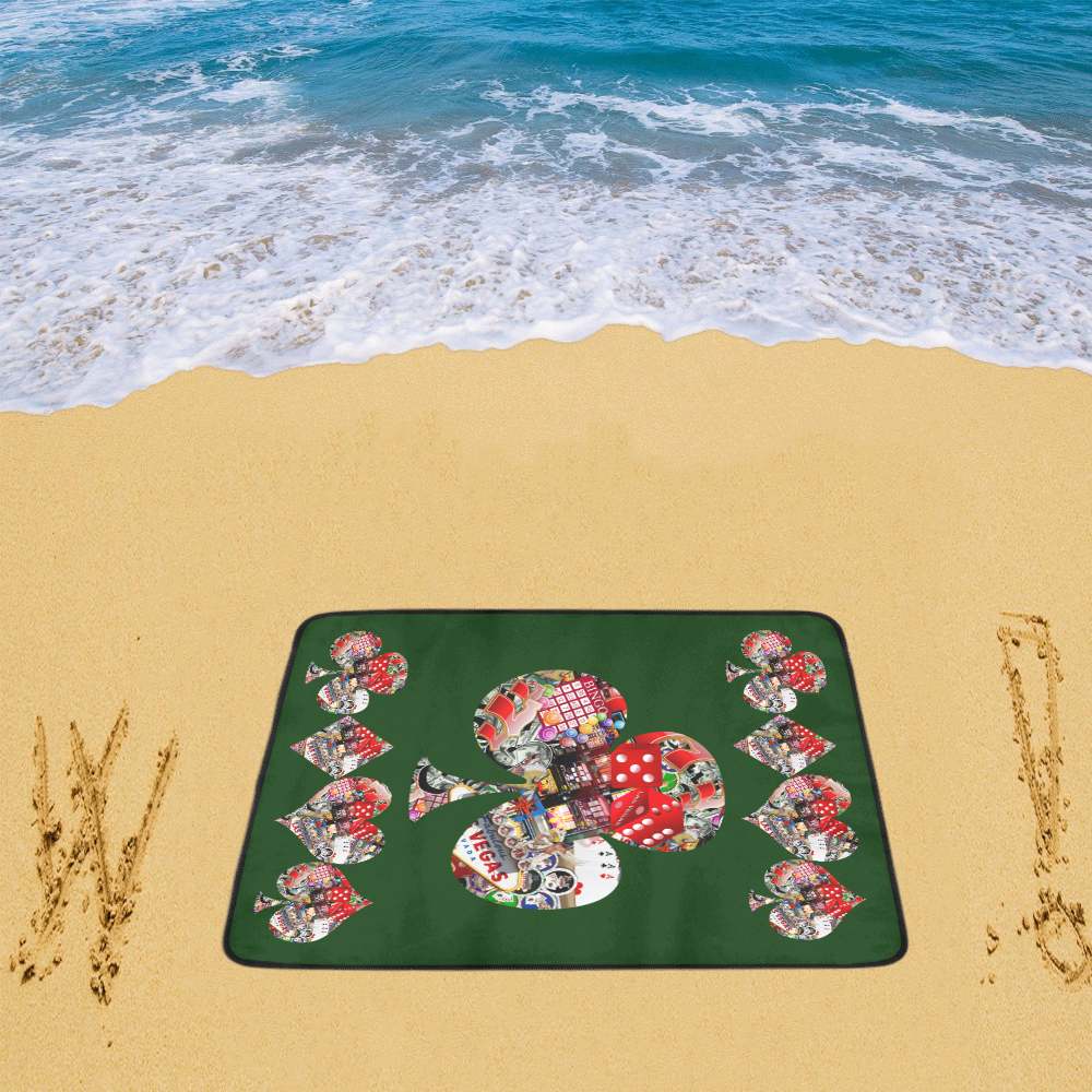Club Playing Card Shape - Las Vegas Icons Beach on Green Beach Mat 78"x 60"
