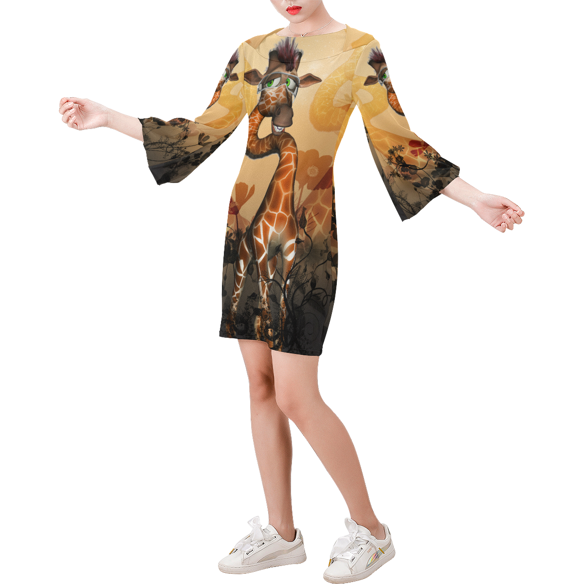 Funny, sweet giraffe Bell Sleeve Dress (Model D52)