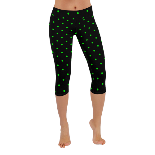 Green Polka Dots on Black Women's Low Rise Capri Leggings (Invisible Stitch) (Model L08)