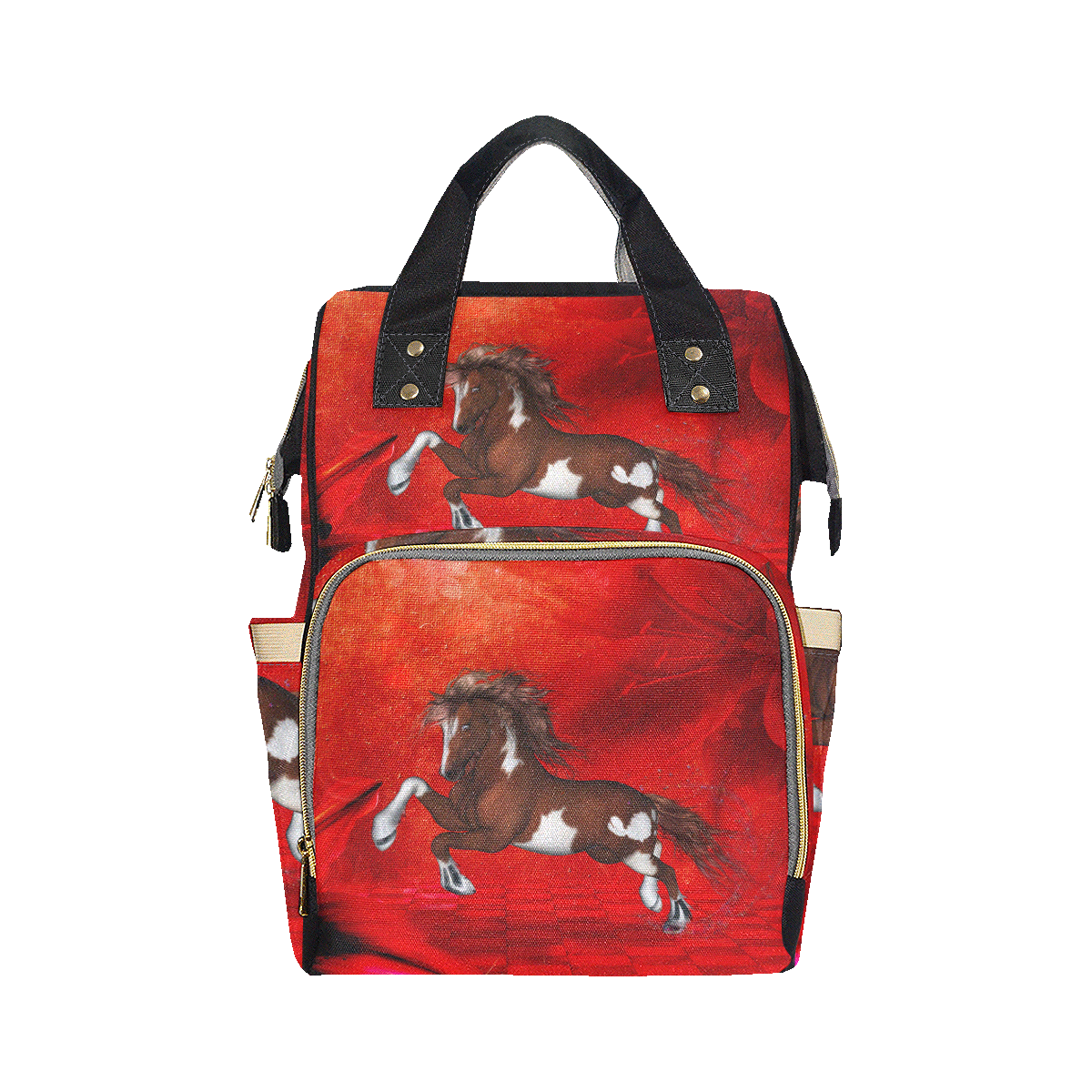 Wild horse on red background Multi-Function Diaper Backpack/Diaper Bag (Model 1688)