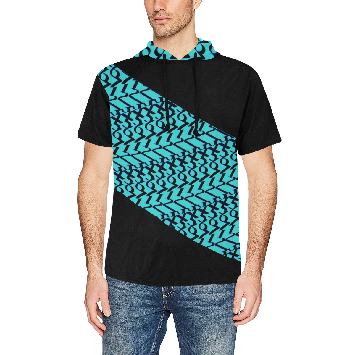 NUMBERS Collection 1234567 Teal/Black Flag All Over Print Short Sleeve Hoodie for Men (Model H32)