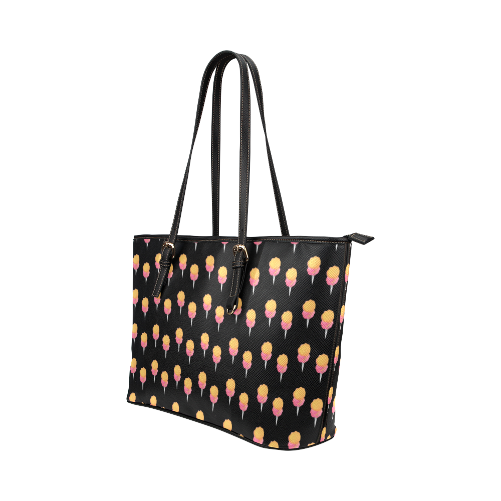 cotton candy pattern  black Leather Tote Bag/Large (Model 1651)