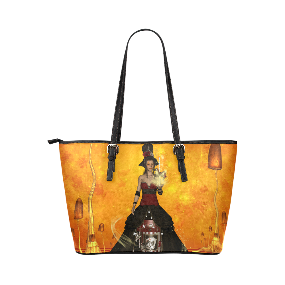 Fantasy women with carousel Leather Tote Bag/Small (Model 1651)