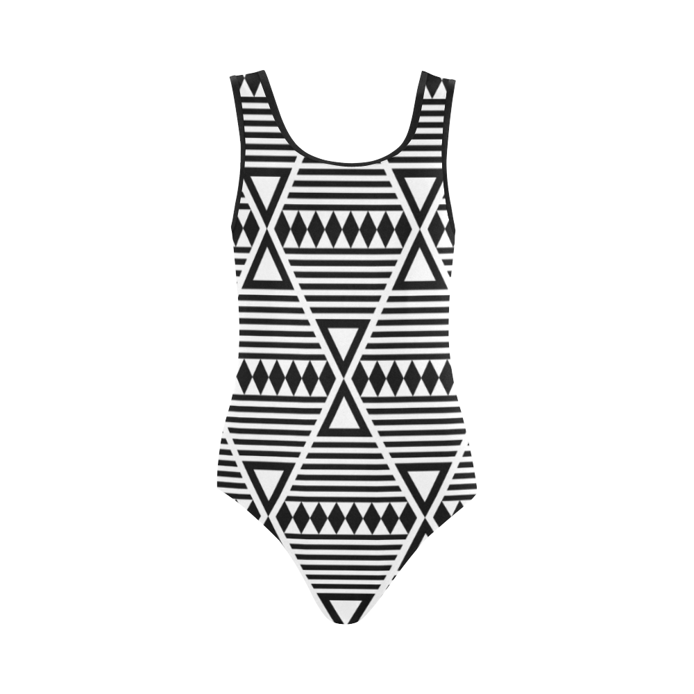 Black Aztec Tribal Vest One Piece Swimsuit (Model S04)