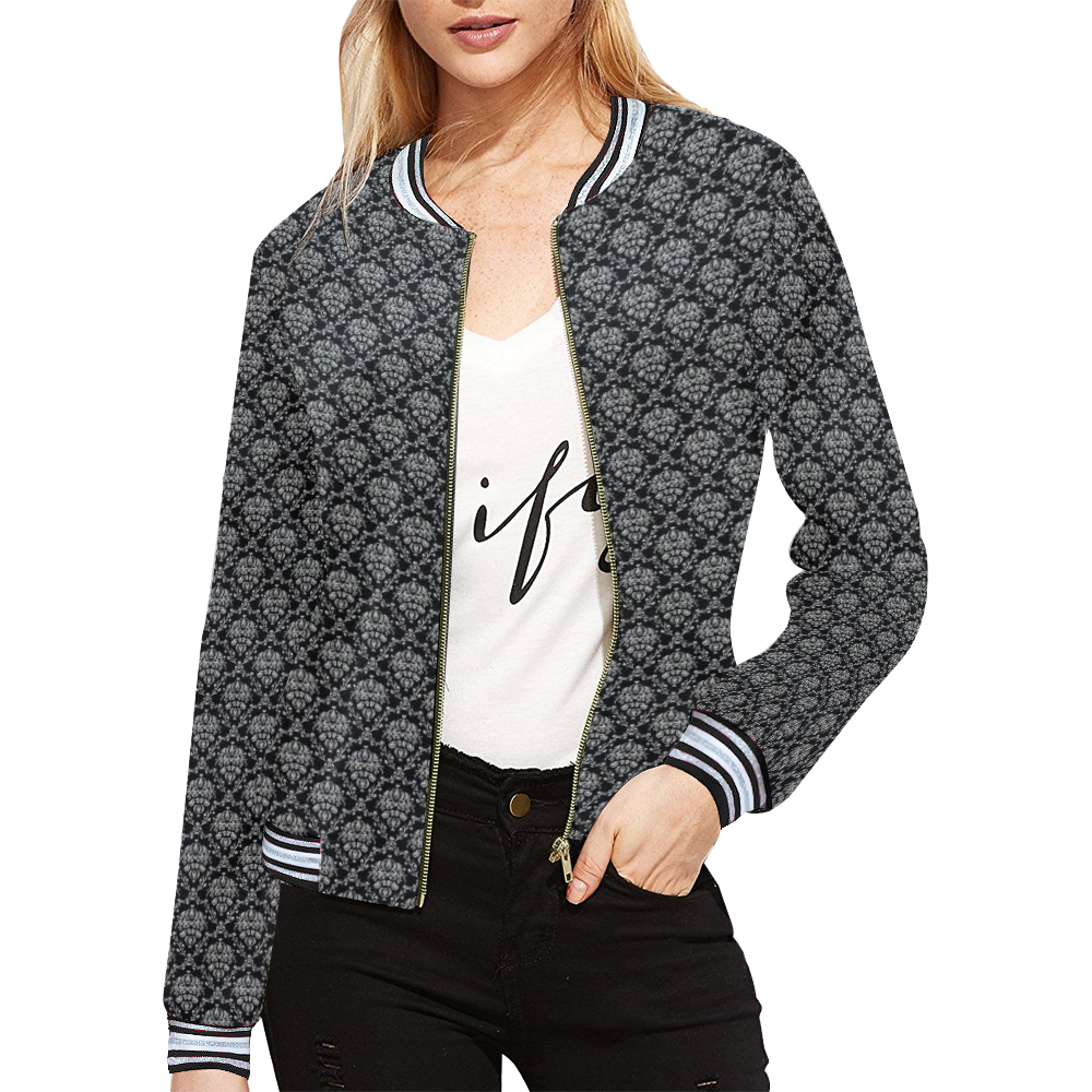 Black and Silver Damask All Over Print Bomber Jacket for Women (Model H21)