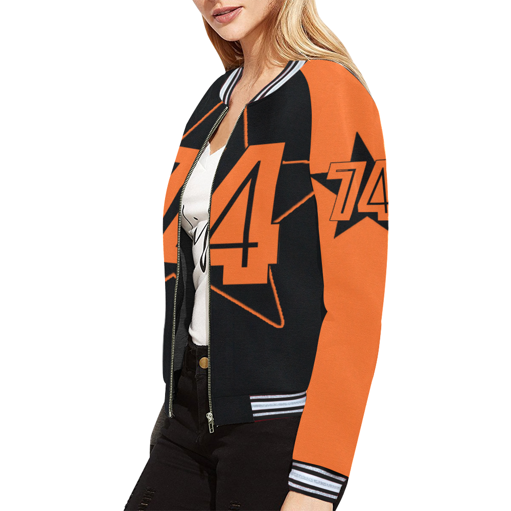 Dundealent 5 stars I Black/Orange All Over Print Bomber Jacket for Women (Model H21)