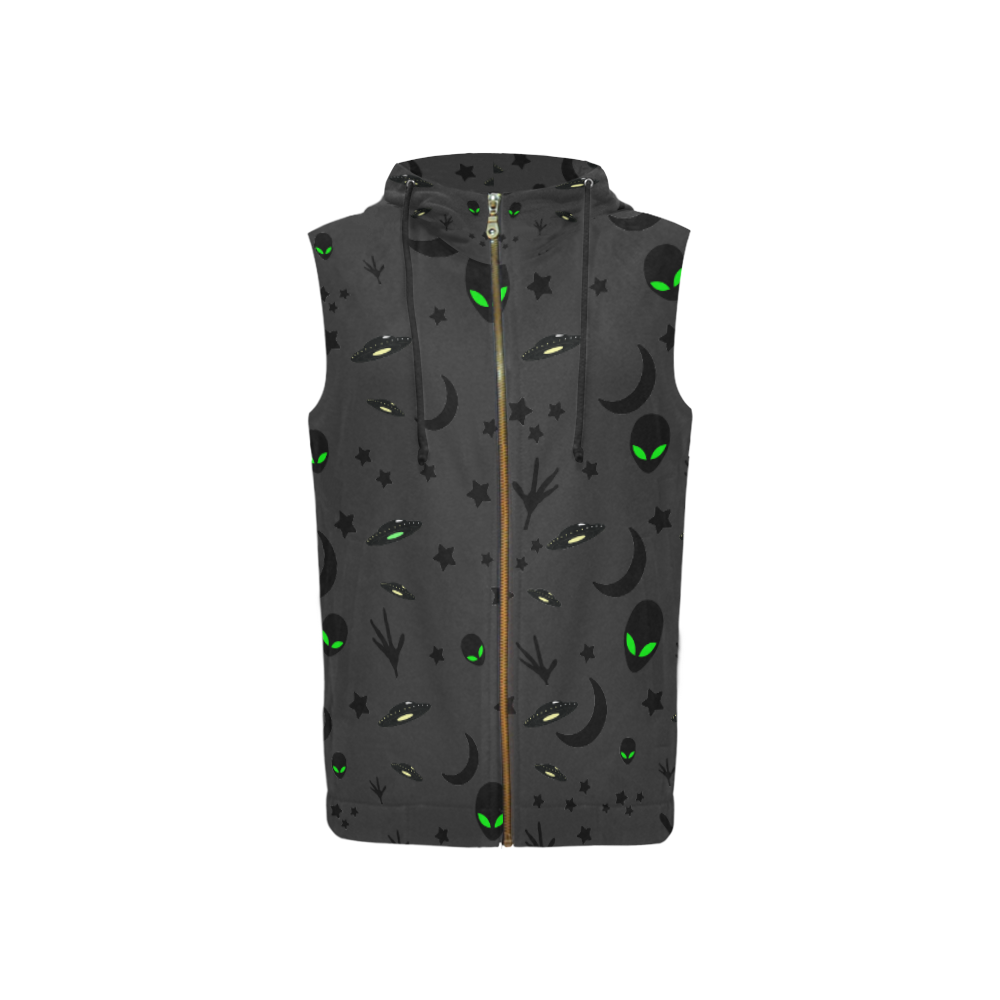 Alien Flying Saucers Stars Pattern on Charcoal All Over Print Sleeveless Zip Up Hoodie for Women (Model H16)
