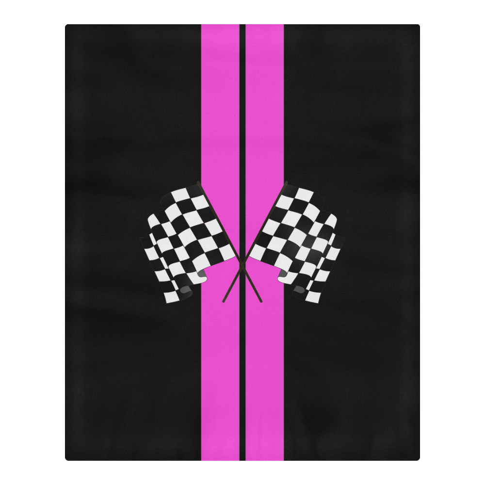 Race Car Stripe, Checkered Flags, Black and Pink 3-Piece Bedding Set