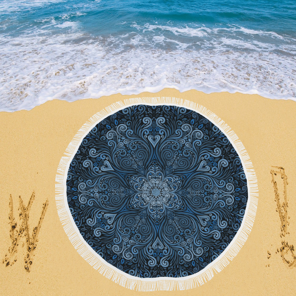 Blue Mandala Ornate Pattern 3D effect Circular Beach Shawl 59"x 59"