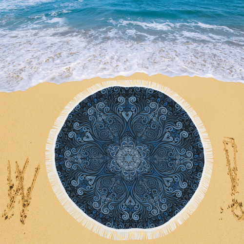 Blue Mandala Ornate Pattern 3D effect Circular Beach Shawl 59"x 59"