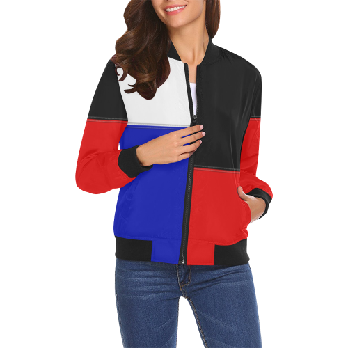 Red, Black and Blue Blocks All Over Print Bomber Jacket for Women (Model H19)