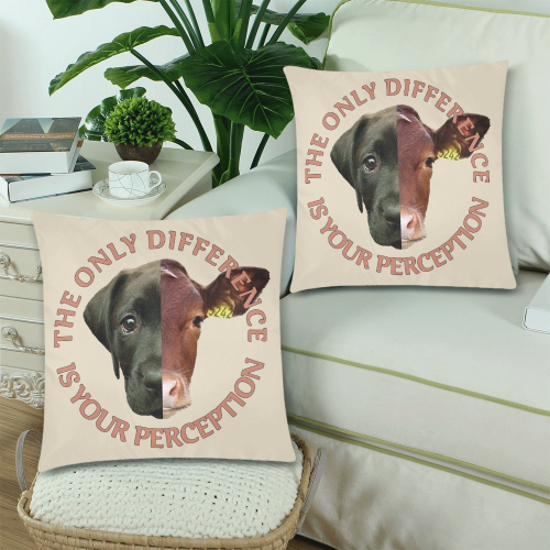 Vegan Cow and Dog Design with Slogan Custom Zippered Pillow Cases 18"x 18" (Twin Sides) (Set of 2)