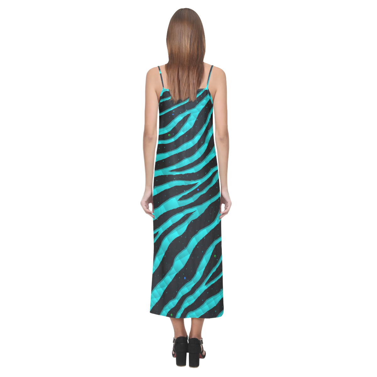Ripped SpaceTime Stripes - Cyan V-Neck Open Fork Long Dress(Model D18)