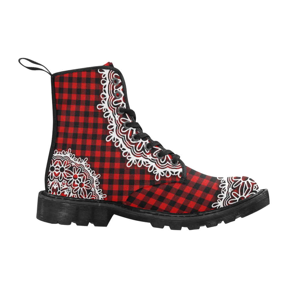 Red Buffalo Plaid And Lace Martin Boots for Women (Black) (Model 1203H)