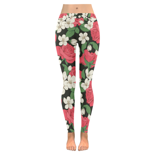 Pink, White and Black Floral Women's Low Rise Leggings (Invisible Stitch) (Model L05)