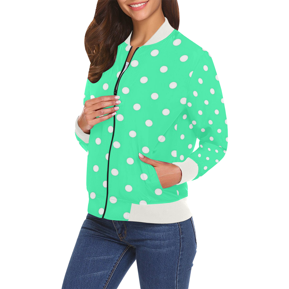 Mint Green White Dots All Over Print Bomber Jacket for Women (Model H19)